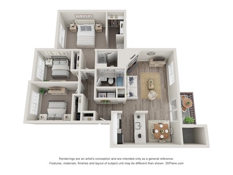 Floor plan for 3 beds, 2 baths, 1169 sqft